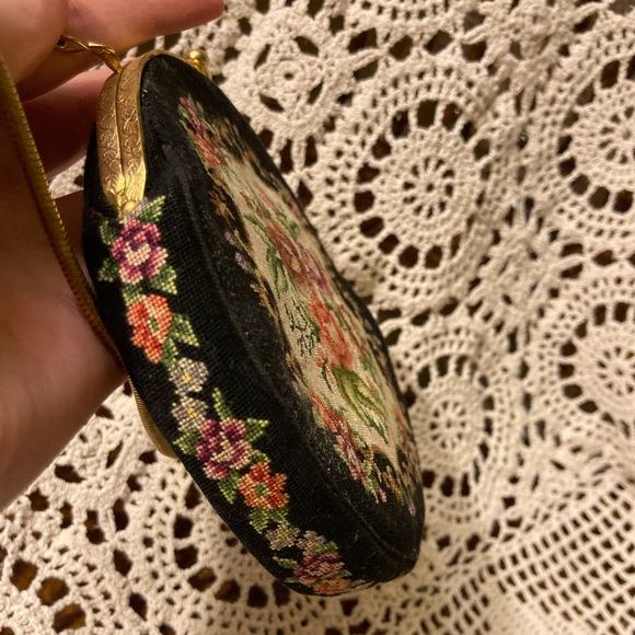 Vintage Circular Clutch Black Bag With Stitched Florals, Gold Accents - Picture 6 of 17
